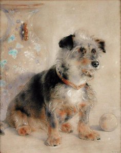 Terrier vor einer Canton Famille Rose Vase von William Huggins