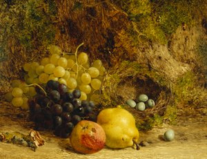 Trauben, ein Apfel, eine Birne und ein Vogelnest auf einem moosigen Ufer, 1865 von William Hughes