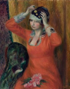 Mädchen im roten Kleid, das einen Hut ansteckt von William James Glackens