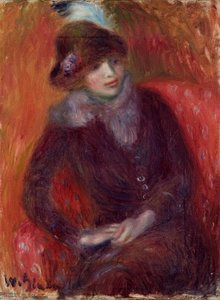 Sitzende Frau mit Pelzkragen und rotem Hintergrund von William James Glackens