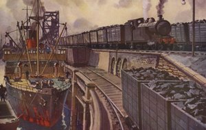 Ein Kohlezug gezogen von einer 4-4-2-Tenderlokomotive (Farblithografie)