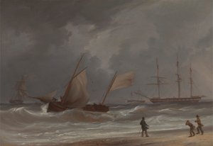 Ein Lugger treibt bei Sturm an Land