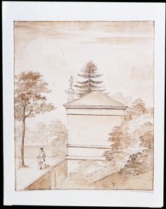 Chiswick, Ansicht der Seite des Hirschhauses vom inneren Damm des Hirschgeheges aus mit einem Blick auf die dorische Säule (Feder & Tinte auf Papier)