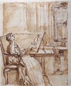 Lady Burlington sitzt in ihrem Gartenraum und bewundert eine alte Meisterzeichnung (?)