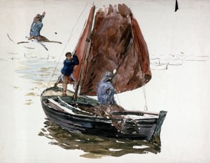 Ein Mann und ein Junge an Bord eines kleinen Segelbootes