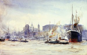 Aktivitätsszene entlang des Irongate Quay an der Themse (England), mit Tower Bridge in der Ferne von William Lionel Wyllie