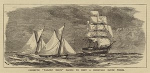 Falmouth Schneiderboote, die einem heimkehrenden Schiff entgegenrennen von William Lionel Wyllie