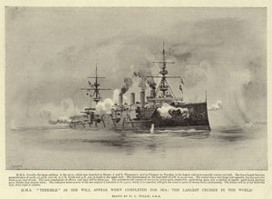 HMS Terrible, wie sie nach Fertigstellung für die See erscheinen wird, der größte Kreuzer der Welt von William Lionel Wyllie