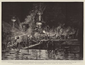 Überstunden, Fertigstellung der HMS Magnificent, eine Nachtszene in der Werft von Chatham von William Lionel Wyllie