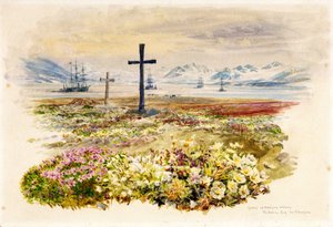 Search Bay (Research Bay, Tasmanien, Australien), zwei Kreuze in Blumenbeeten mit Schiffen in der Ferne von William Lionel Wyllie