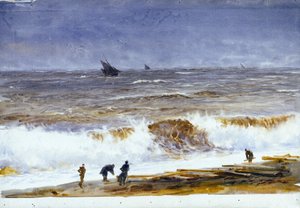Der Strand von Berck-sur-Mer (Frankreich), mit stürmischer See und Figuren am Strand. Aquarell, nach 1890, von William Lionel Wyllie (1851-1931). von William Lionel Wyllie