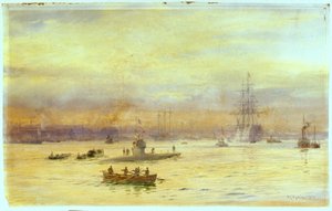 Dieser Blick zeigt den Hafen auf der Gosport-Seite, wo ein U-Boot einfährt, mit einem weiteren davor. von William Lionel Wyllie