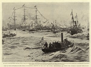 Ansicht des Eingangs zum Kanal in Holtenau, links das Modell eines Dreideckers, in dem das Kaiserliche Bankett stattfand von William Lionel Wyllie