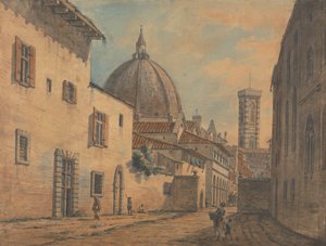 Eine Straße in Florenz mit dem Dom und dem Campanile im Hintergrund