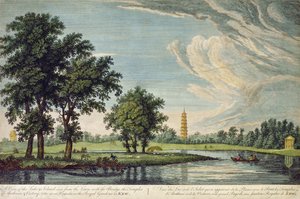 Kew, Blick auf den See und die Insel vom Rasen aus, mit der Brücke, den Tempeln von Arethusa und Victory und der Großen Pagode in den Königlichen Gärten von Kew