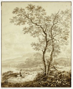 Gewundener Weg neben See, mit großem Baum und rastendem Reisenden im Vordergrund