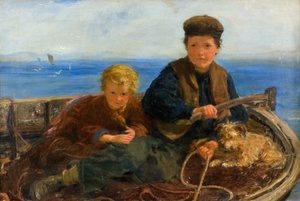 Zwei Jungen und ein Hund in einem Boot, ca. 1871