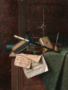 Stillleben mit Flöte, Vase und römischer Lampe von William Michael Harnett