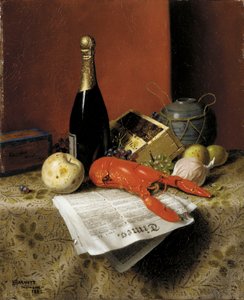 Stillleben mit Hummer, Obst, Champagner und Zeitung, 1882