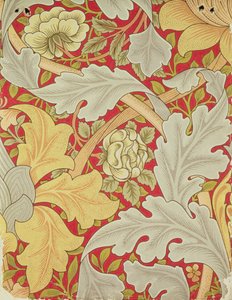 Akanthusblätter und Wildrose auf einem purpurroten Hintergrund, Tapetendesign von William Morris