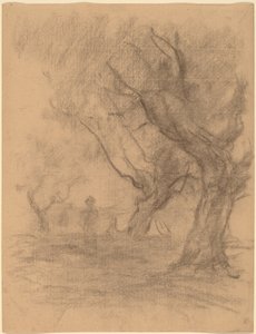 Frau steht unter zwei Bäumen von William Morris Hunt