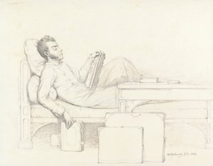 Selbstporträt des Künstlers, auf einer gotischen Couch liegend und ein Buch lesend von William Mulready