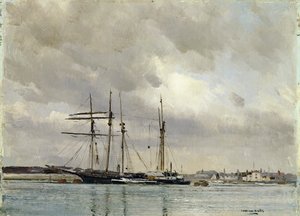 Boote im Hafen, Beladen von China-Tonerde, ca. 1900