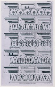 Entwürfe für Gesimse veröffentlicht 1788 von William Pain (ca. 1730-ca. 1790). 1783 Schwarz-Weiß-Gravur