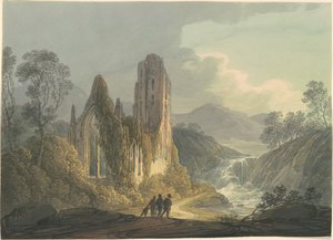 Eine verfallene Abtei an einem Wasserfall