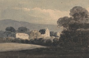 Landschaft mit einer Kirche zwischen Bäumen