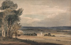 Unidentifizierte Landschaft: Bäume mit Kirche