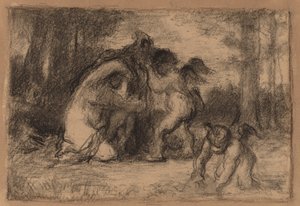Bewaldete Landschaft mit Putti, die einer Frau beim Ausziehen helfen