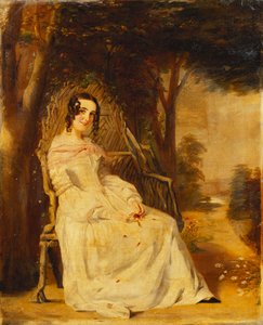 Porträt von Mary Freer, sitzend, klein, in voller Länge auf einem Gartensitz von William Powell Frith