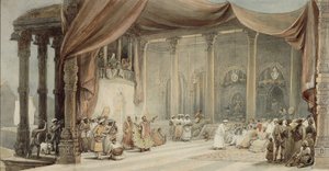 Europäer werden von Tänzern und Musikern in einem prächtigen indischen Haus in Kalkutta während der Durga Puja unterhalten