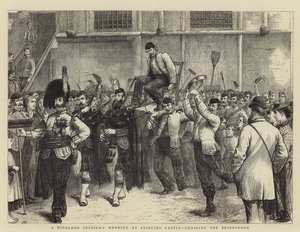 Hochzeit eines Hochlandsoldaten auf Stirling Castle, der Bräutigam wird auf einem Stuhl getragen