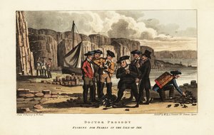 Englische Touristen beobachten schottische Fischer beim Öffnen von Perlmuscheln auf der Isle of Skye, Schottland von William Read