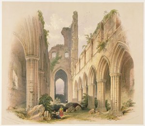 Kirkstall Abbey, das Kirchenschiff und der Chor, aus 