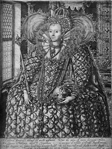 Königin Elisabeth steht in einem Raum mit einem Gitterfenster, ca. 1592
