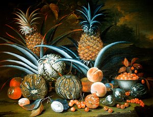 Stillleben mit Ananas, Melonen, Pfirsichen, Erdbeeren, Kirschen und anderem Obst