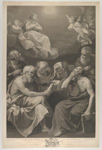 Die Kirchenväter konsultieren Bücher und Dokumente und betrachten die Jungfrau, 1785 von William Sharp