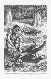 Adam Bede, nachdem er Arthur Donnithorne im Kampf besiegt hat, ist entsetzt, seinen Rivalen bewusstlos zu sehen. Adam Bede von George Eliot, erstmals veröffentlicht 1859. Illustration von William Small (1843-1929) aus einer Ausgabe um 1885.