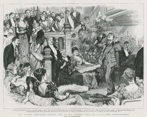 Mr. Albert Chevalier singt eines seiner Coster-Lieder in einem West-End-Salon (Stich) von William Small