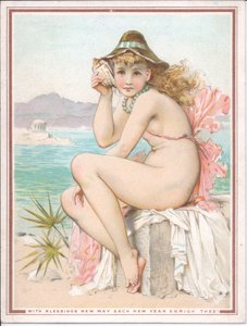 Viktorianische Neujahrskarte von einer badenden Schönheit am Strand, die eine Muschel ans Ohr hält, ca. 1881 von William Stephen Coleman