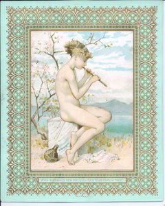 Viktorianische Neujahrskarte von einer badenden Schönheit am Strand, die eine Flöte spielt, ca. 1881 von William Stephen Coleman