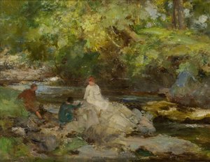 Drei Figuren an einem Fluss
