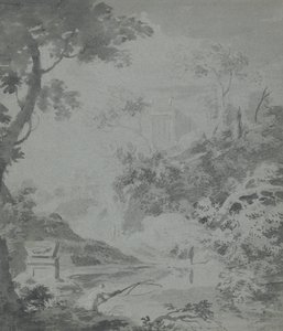 Landschaft mit einem fernen klassischen Gebäude und einem Mann beim Angeln von William Taverner