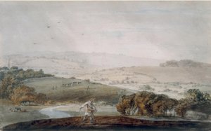 Ein Bauer sät, ein Flusstal und sanfte Hügel im Hintergrund von Joseph Mallord William Turner
