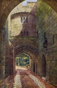 Warwick Castle: Torhaus und Fallgatter (Farblithografie)