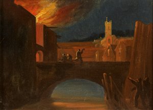 Bristol-Unruhen: Das Brennen von Bridewell, mit der St.-Michaels-Kirche, Bridewell-Brücke, ca. 1831 von William W. Wheatley