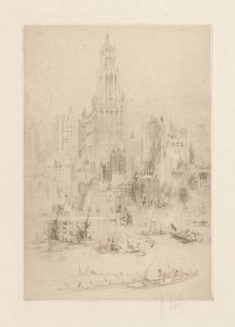 Downtown Manhattan vom East River, mit dem Woolworth Building
